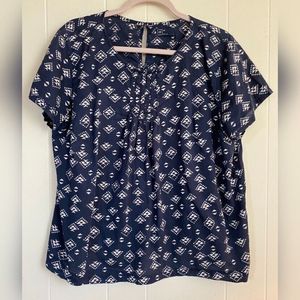Gap Blouse Women’s XXL Blue White Geometric Cotton Lightweight Pleated Southwest